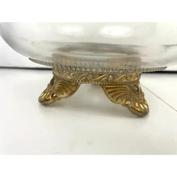 VTG Three Footed Clear Cut Pressed Glass Bowl Gold 3D Embossed Trim - Picture 10 of 13